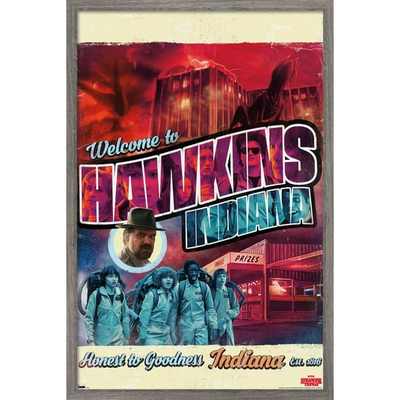 Netflix Stranger Things - Welcome to Hawkins Indiana Wall Poster, 14.725" x 22.375", Framed