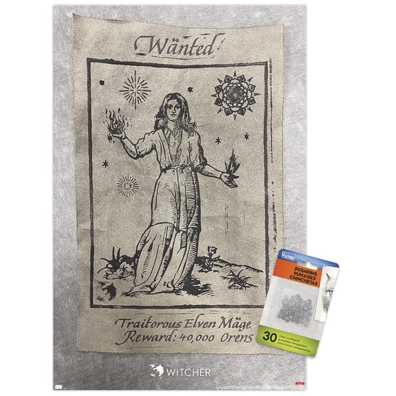 Netflix The Witcher Season 2 - Wanted Elven Mage Wall Poster with Pushpins, 14.725" x 22.375"