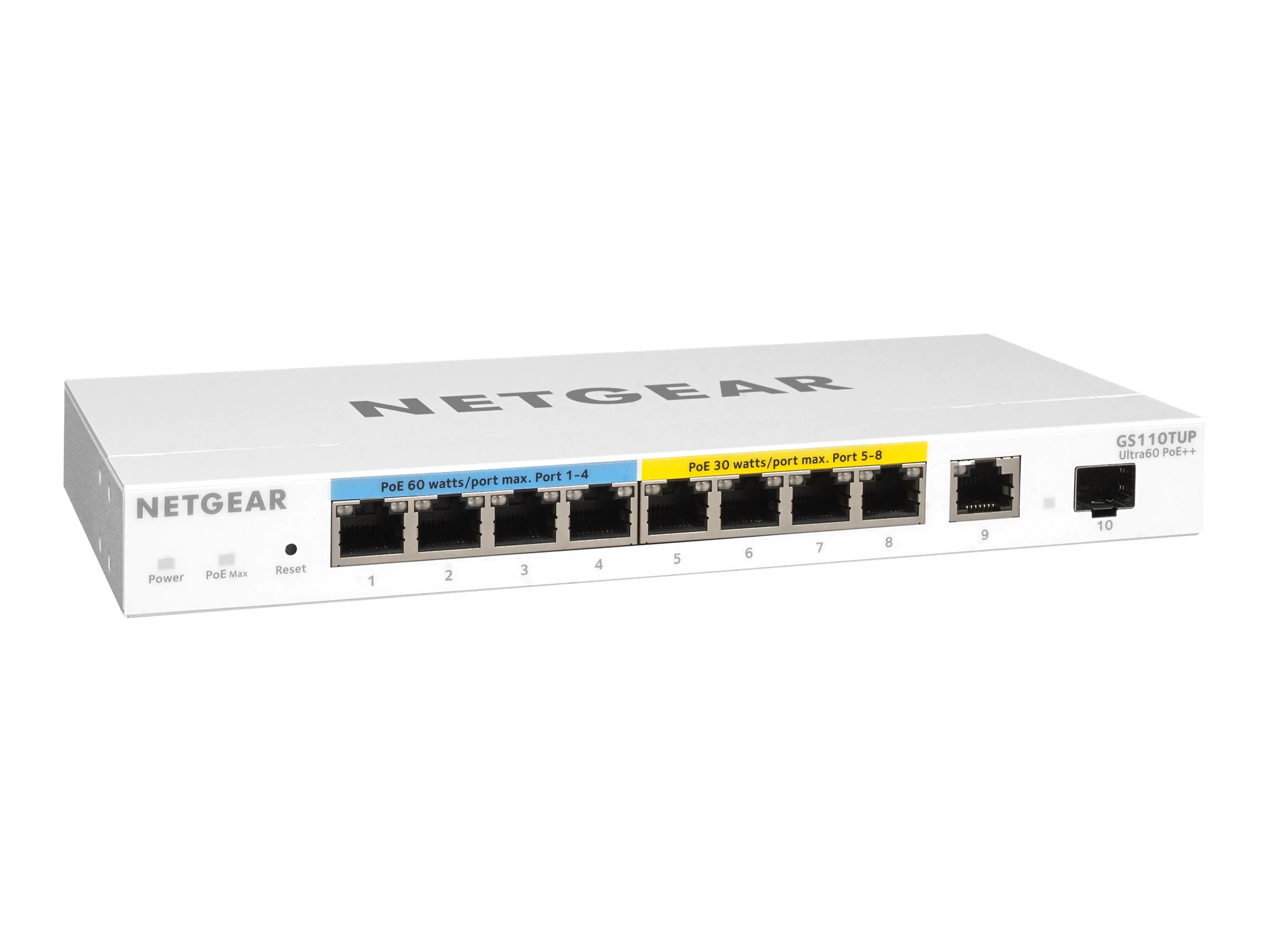 Netgear GS110TUP Ethernet Switch - 10 Ports - Manageable - 4 Layer Supported - Modular - Twisted Pair, Optical Fiber - Rack-mountable, Wall Mountable, Desktop, Ceiling Mount - Lifetime Limited Warrant