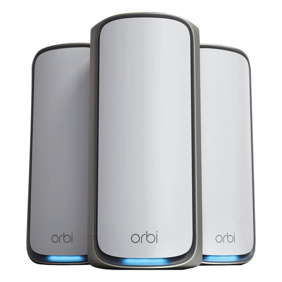 Netgear RBE973S-100NAS Orbi 970 Series RBE973S Quad-Band WiFi 7 Mesh System, 3-Pack (Router + 2 Satellites), 27Gbps, Covers Up to 10000 Sq. Ft., White