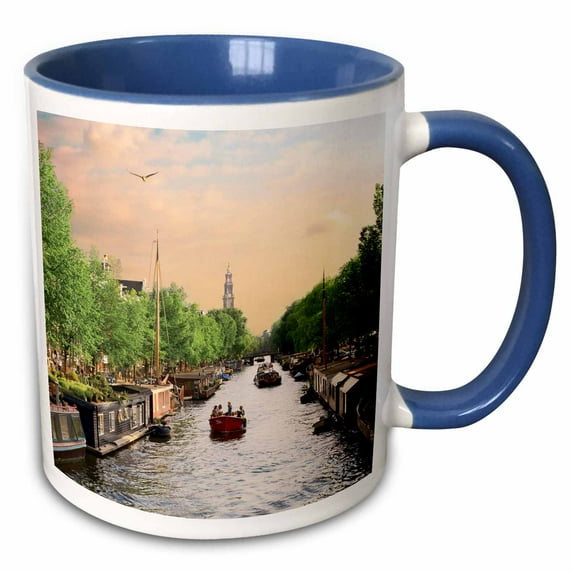 3drose, Netherlands, Amsterdam, Boats Along Canal, Zuiderkerk - Eu20 Mgl0085 - Miva Stock, 11oz Two-tone Blue Mug