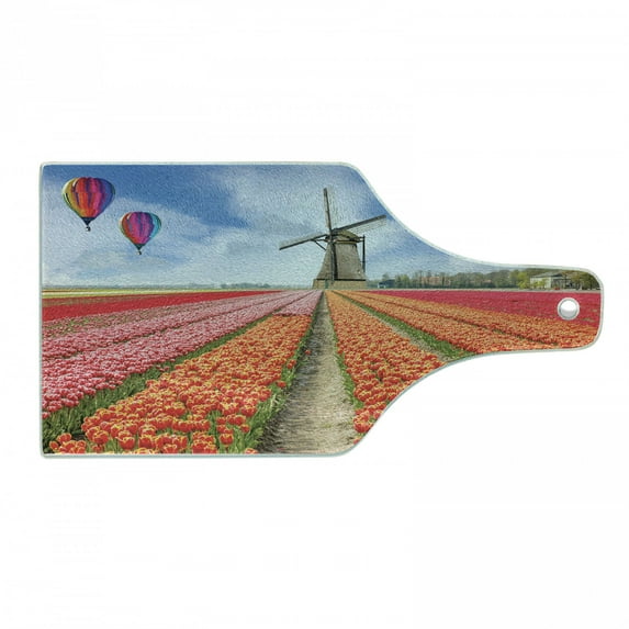 Netherlands Cutting Board, Landscape of Tulips Field Hot Air Balloons and Windmill Spring, Decorative Tempered Glass Cutting and Serving Board, in 3 Sizes, by Ambesonne