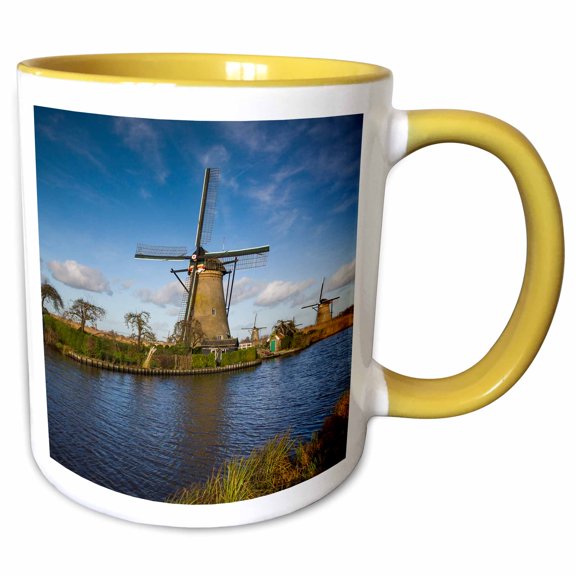 3drose, Netherlands, Kinderdijk. Traditional Dutch Windmills, 15oz Two-tone Yellow Mug
