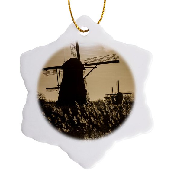 3drose, Netherlands, Kinderdijk. Traditional Dutch Windmills., 3 inch Snowflake Porcelain Ornament