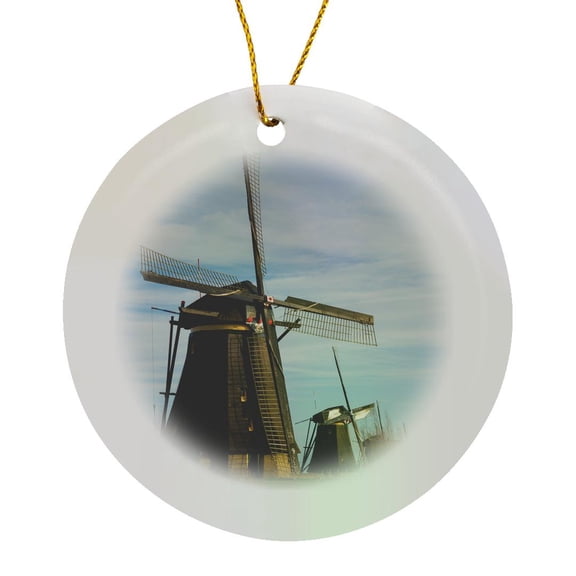 3drose, Netherlands, Kinderdijk. Traditional Dutch Windmills Along a Canal., Circle Porcelain Ornament