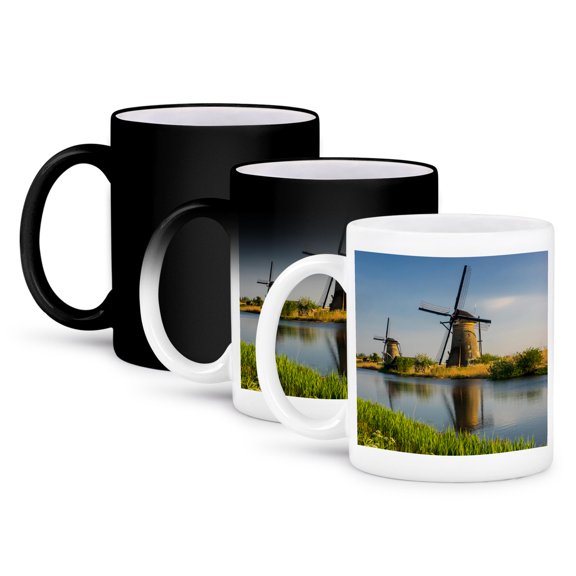 3drose, Netherlands, Kinderdijk, Windmills with Evening Light Along the Canals, 11oz Magic Transforming Mug
