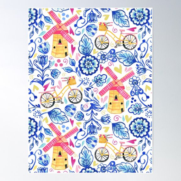 Netherlands Whimsy - Delft, Bicycles & Ornamental Windmills Poster Wall Art, Modern Wall Decor For Living Room Bedroom, 8x12 UNFRAMED