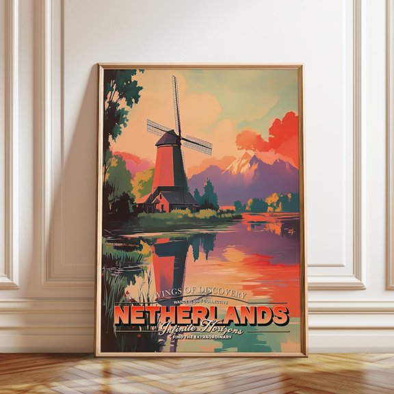 Netherlands Windmill Holland Landscape Wall Art Print, Unframed Paper Poster 8x10in