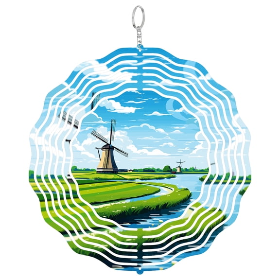Netherlands Windmill Tulip Fields 3D Wind Spinner Metal Hanging Sculpture Outdoor Patio Decor Dutch Countryside Gift