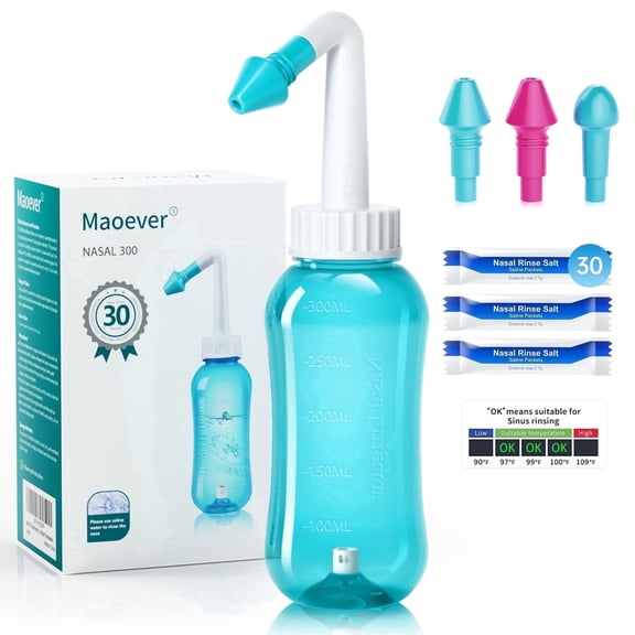 Neti Pot Nasal Bottle Sinus Rinse Nose Cleaner for Sinus Adult Kids, 30 Salt Packets 300ml Irrigation Netty Pot Sticker Thermometer Gentle Flow BPA Free Nasal Wash Bottle Relieve Nasal Flush(Green)