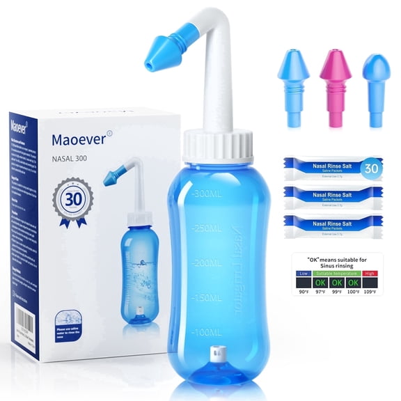 Neti Pot Nettie Bottle Nasal Sinus Rinse 30 Salt Packets Pressure Nose Irrigation Wash Cleaner for Adult Kids BPA Free 300 ml netty bottle with Saline Packets Sticker Thermometer(Blue)