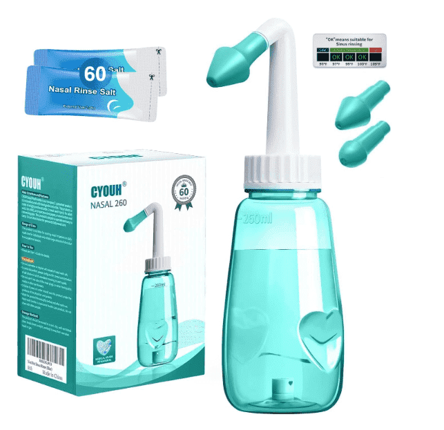 Sinus Rinse Battery Neti Pot Sinus Rinse Bottle 260 ML with 60 Nasal Wash Salt Packets and ...