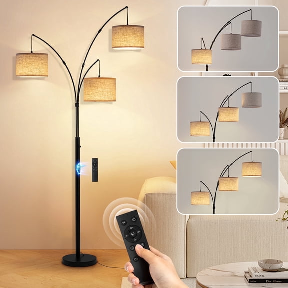 Netin 80 3-Light Modern Dimmable Black Arc Floor Lamp with Beige Shades