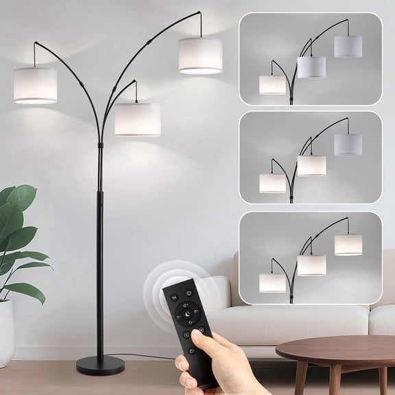 Netin 80” 3-Light Modern Dimmable Black Arc Floor Lamp with White Shades