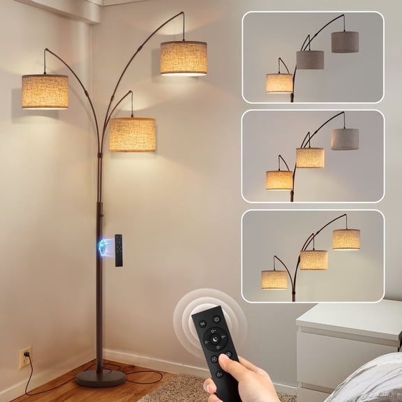 Netin 80” 3-Light Modern Dimmable Brown Arc Floor Lamp with Beige Shades
