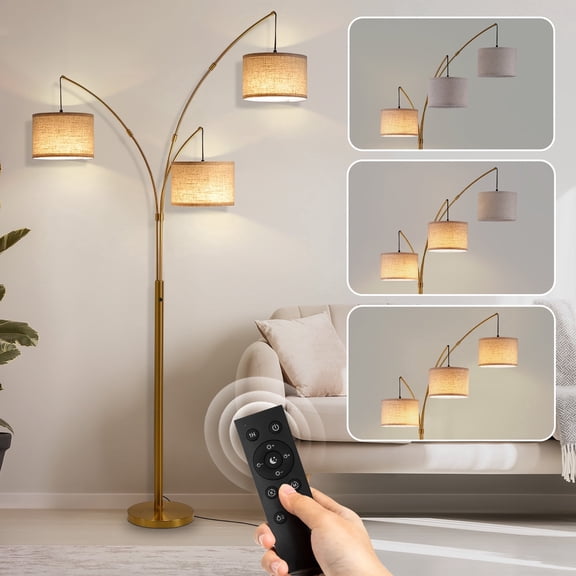 Netin 80 3-Light Modern Dimmable Glod Arc Floor Lamp with Beige Shades