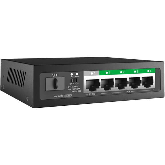 Netis P106GC 4-Port PoE+ Unmanaged Switch, PoE, 4-Port GbE RJ45 Uplink & 1 SFP Uplink, 60W Budget, IEEE 802.3af/at, VLAN & AI Watch Dog Mode, for IP Cameras and Office Networks