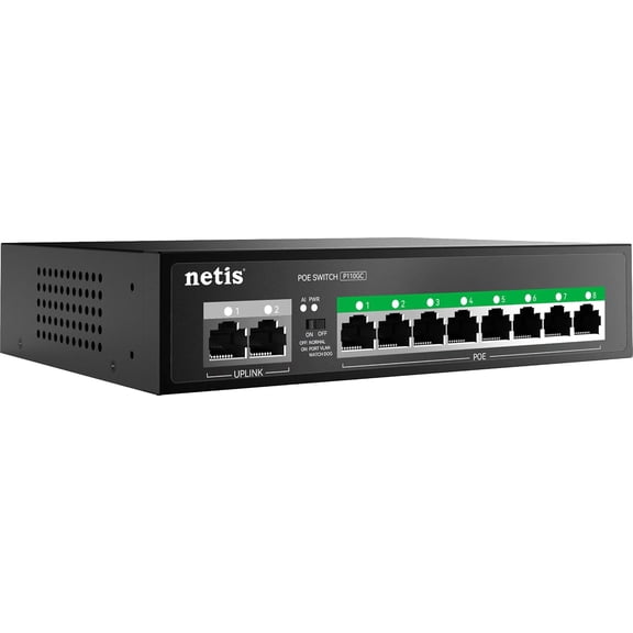 Netis P110GC 10-Port GbE PoE+ Switch (8 PoE+ + 2 Uplink), 120W Built-in Power, 30W/Port, 20Gbps, VLAN Isolation Mode, AI Watch Dog, Unmanaged Plug and Play