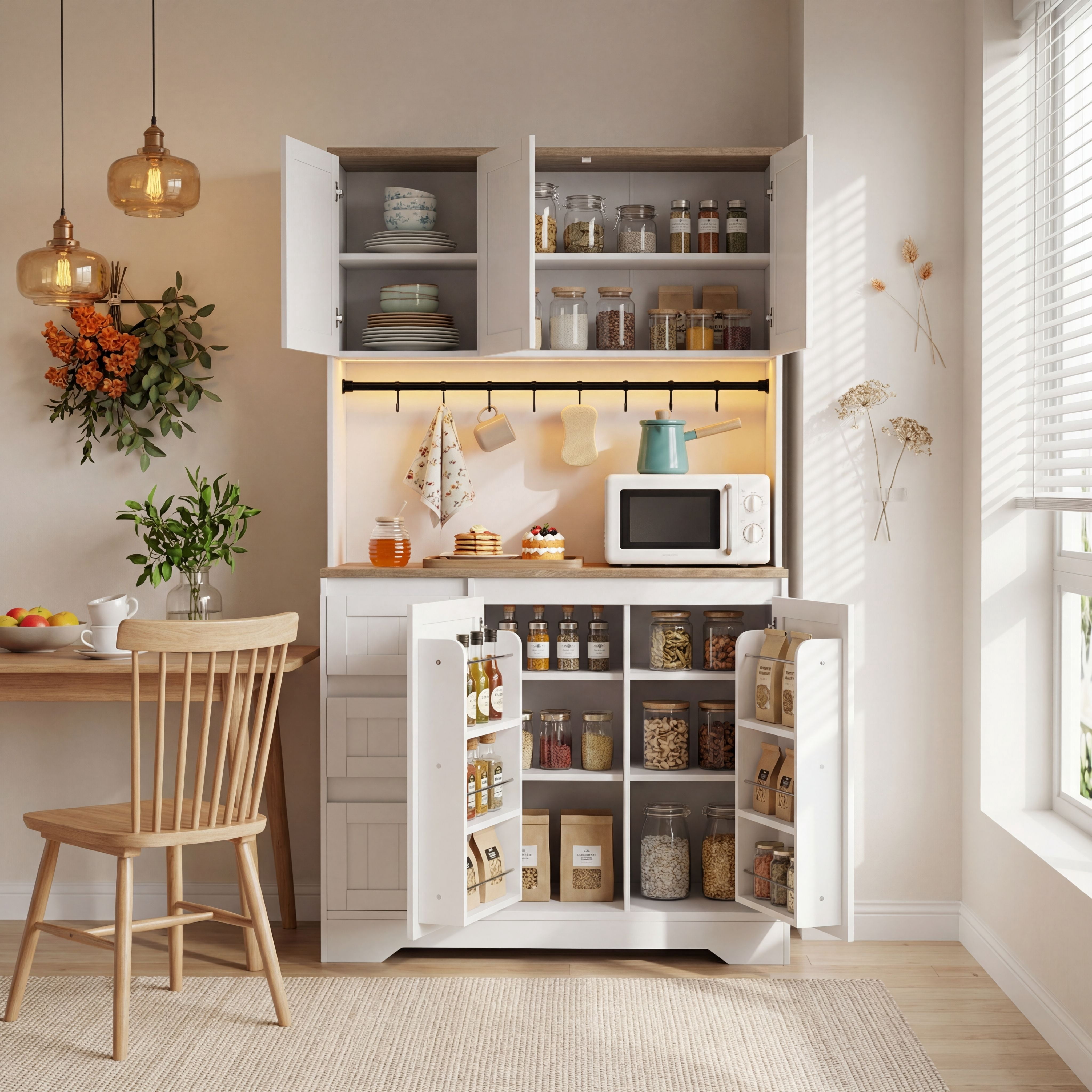 Netraty 71" Pantry Cabinet with Charging Station, Large Capacity Kitchen Hutch Storage Cabinet, Kitchen Cabinet with Microwave Stand, Storage Drawers & Adjustable Shelves for Dining Room, White
