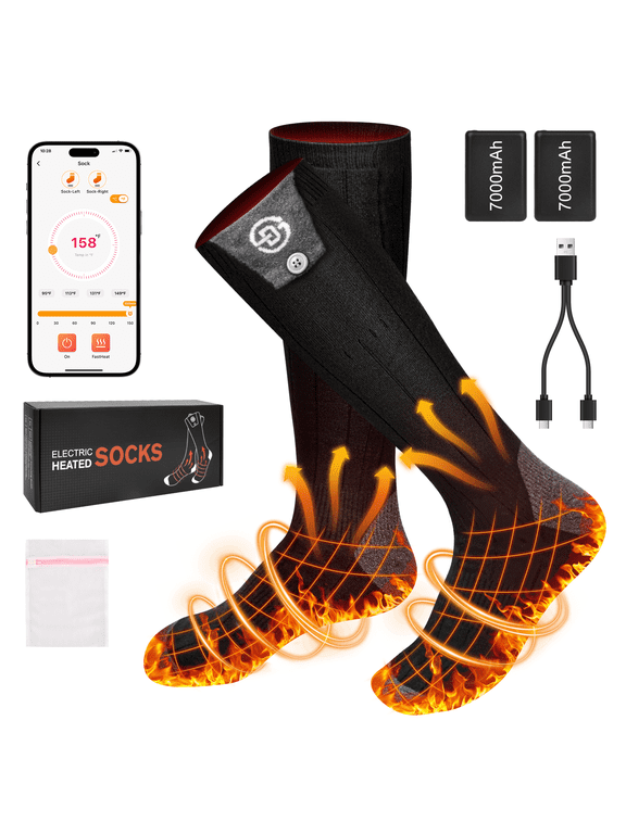Heated Socks for Men Women with App Control, Two 7000mAh Rechargeable Battery Electric Socks Washable Thermal Socks Winter Foot Warmer for Camping, Skiing, Fishing, Hunting