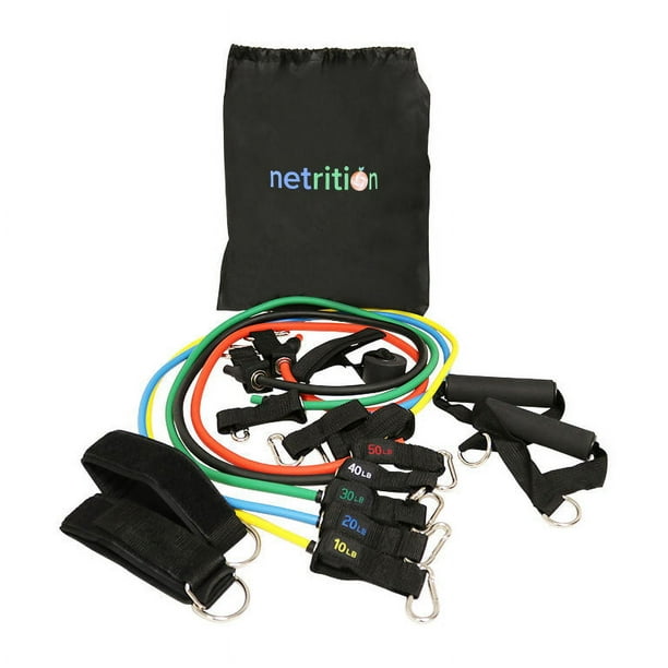 Netrition Resistance Band Set with Door Anchor Ankle Strap Exercise Chart and Carrying Case