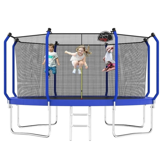 Kdymod 12ft Trampoline for Adults and Kids, Outdoor Trampoline with Enclosure Net,Basketball Hoop,Ladder,Heavy Duty Recreational Trampoline Capacity for Kids,Blue