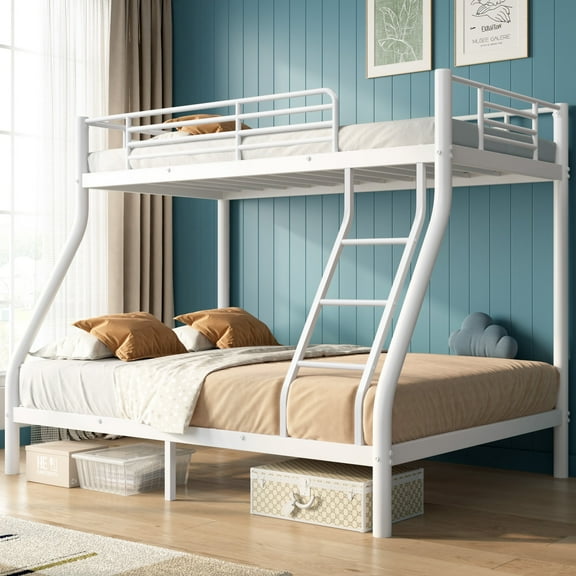 Netrum Twin over Full Bunk Bed for Adults Teens,Heavy-Douty Metal Bunk Beds Frame with Wall Fastener Screws,Ladder & Full-Length Guardrail, White