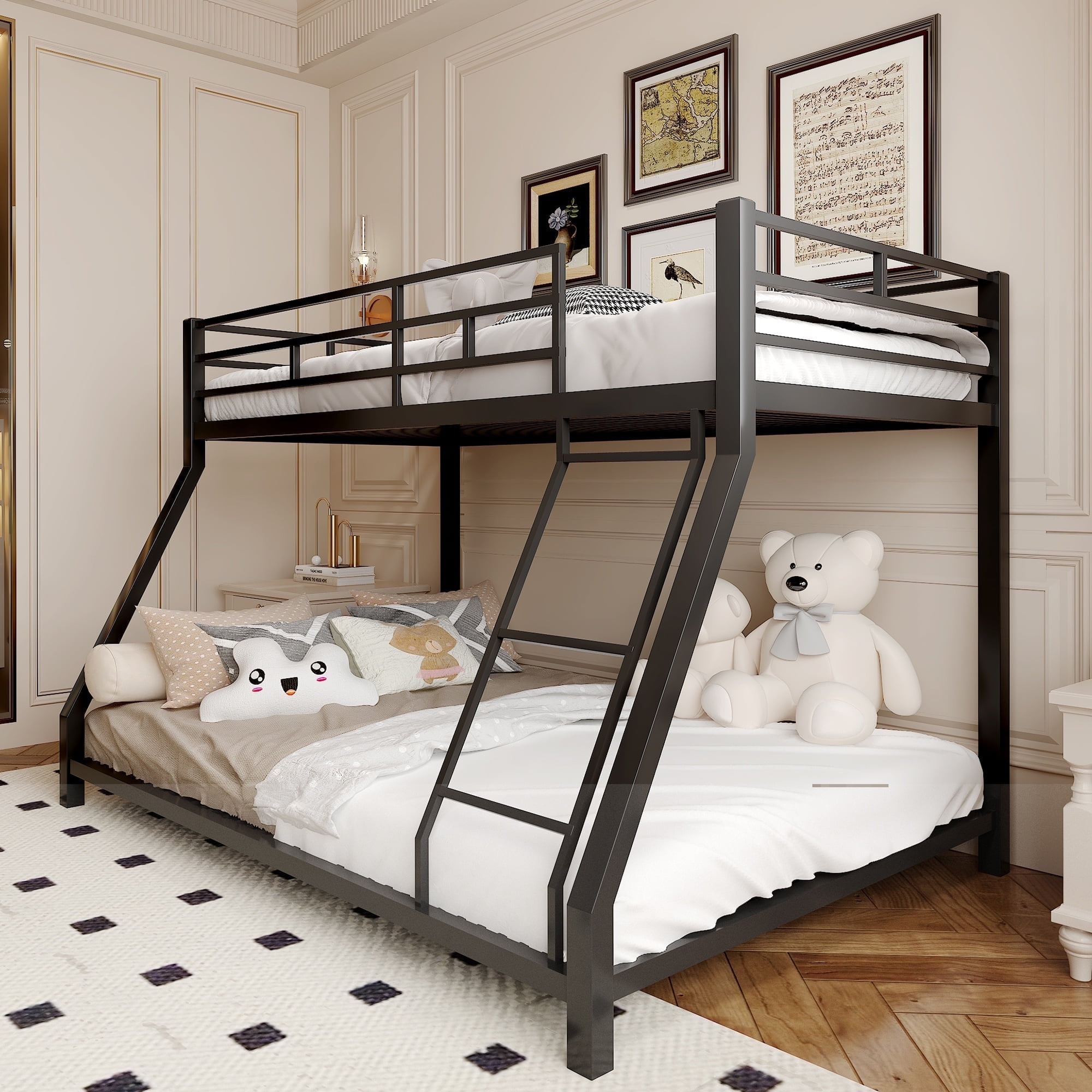 Netrum Bunk Beds Twin over Full,Twin over Full Bunk Bed with Ladder & Guardrail,Heavy Duty Metal Full Size Bunk Beds Frame for Adults Bedroom,Dorm,Guest Room,Black