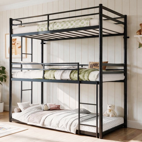 Netrum Convertible Triple Bunk Beds,Twin over Twin over Twin Bunk Bed with Ladder & Guardrail,Heavy Duty Metal 3 Bed Bunk Bed Frame for Teens & Adults Bedroom,Dorm,No Box Spring,Black