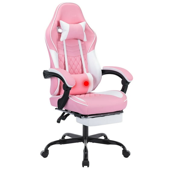 Netrum Ergonomic Video Gamer Chairs,Computer Gaming Chairs with Massage Lumbar Support and Footrest,Racing Style Computer Chair Adjustable Headrest for Adults,Pink White