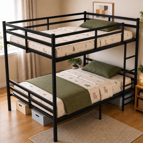 Netrum Full over Full Bunk Bed with Ladder and Safety Guardrail,Metal Heavy Duty Full Size Bunk Bed Frame for Teens Adults,No Box Spring Needed,Black