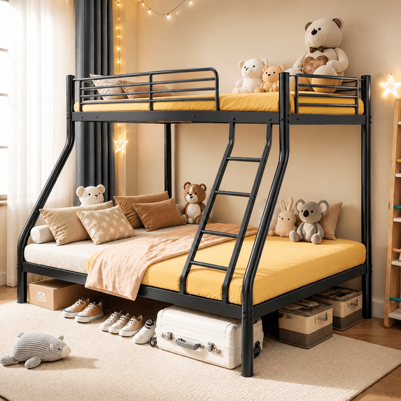 Netrum Twin over Full Bunk Bed for Teens Adults,Heavy Duty Metal Bunk Beds Frame with Ladder,Twin Full Size Bed Bunk Bed with Safe Guardrail for Small Rome,Black