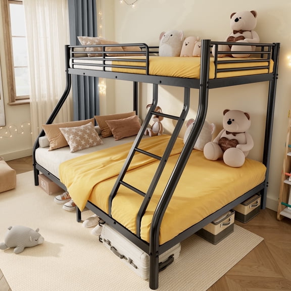 Netrum Twin over Full Bunk Bed for Teens Adults,Heavy Duty Metal Bunk Beds Frame with Ladder,Twin Full Size Bed Bunk Bed with Safe Guardrail for Small Rome,Black