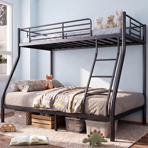 Netrum Twin over Full Bunk Bed for Teens Adults,Heavy Duty Metal Bunk Beds Frame with Ladder,Twin Full Size Bed Bunk Bed with Safe Guardrail for Small Rome,Black