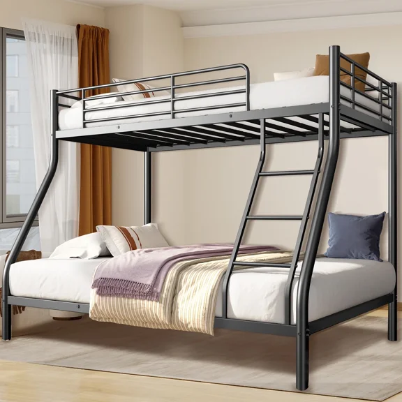 Netrum Twin over Full Bunk Bed for Adults Teens,Heavy-Douty Metal Bunk Beds Frame with Wall Fastener Screws,Ladder & Full-Length Guardrail, Black