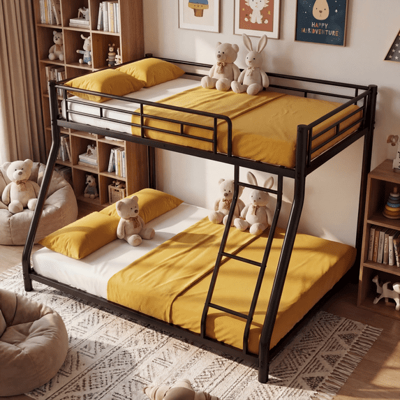 Netrum Twin over Full Bunk Bed for Teens Adults,Heavy Duty Metal Bunk Beds Frame with Ladder,Twin Full Size Bed Bunk Bed with Safe Guardrail for Small Rome,Black