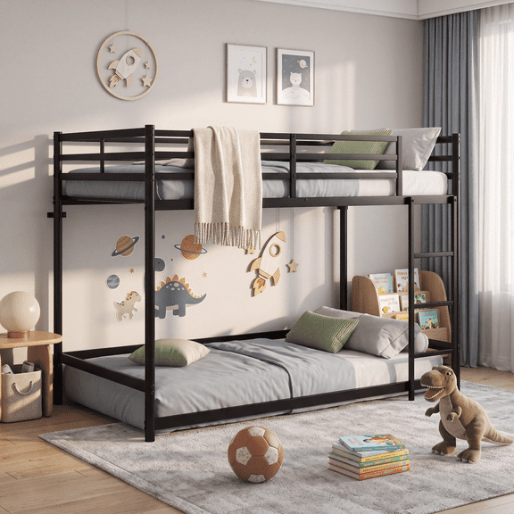 Netrum Twin over Twin Bunk Bed with Ladder & Safety Guardrail, Metal Twin Size Loft Bed Frame for Teens Adults,No Box Spring Needed,Black
