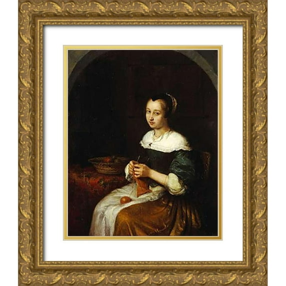 Netscher, Caspar 20x24 Gold Ornate Wood Framed with Double Matting Museum Art Print Titled - A Woman Knitting With a Basket of Fruit