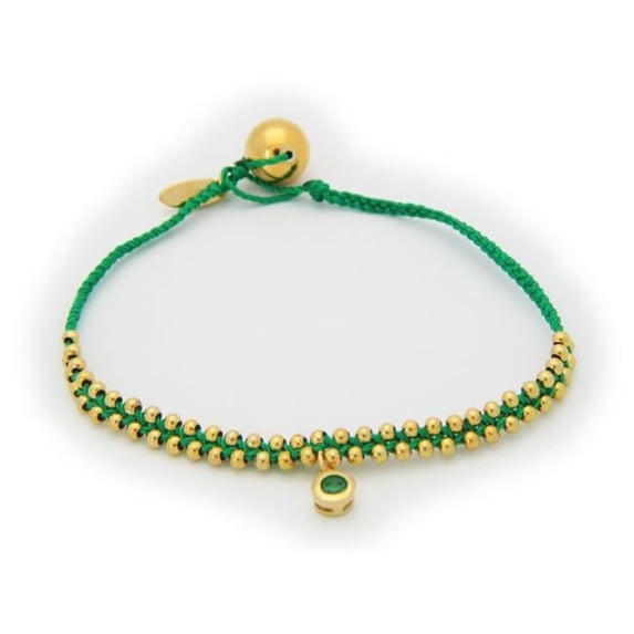 Netsilver Silver Gold Plated Beads Emerald Cord May Bracelet Emerald CZ Birthstone Hanging 6 in.
