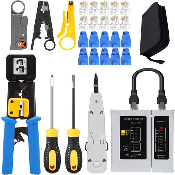 Network Cable Tool Kit with Tester, Crimper, Stripper & Accessories 1 Set