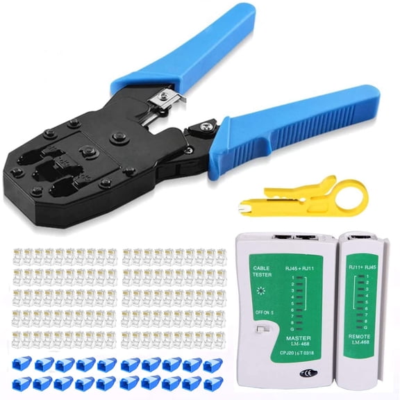 Network Crimp Tool Kit with Cable Tester, Connectors, and Strippers for Cat5 Cat5e Cables