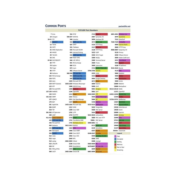Network Ports Chart UDP TCP Common Port Numbers Canvas Poster for IT Professionals Software Developers Workspace Decor