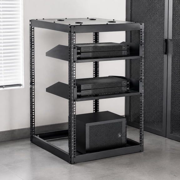 Network Rack, 16U Open Frame, 23 in Depth, 4 Post, Heavy Duty, Wall Mounted or Floor Standing Server Rack