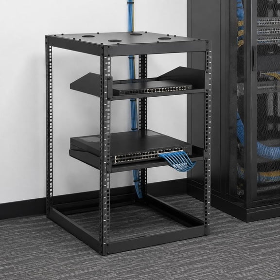 Network Rack, 16U Open Frame, 23 in Depth, 4 Post, Heavy Duty, Wall Mounted or Floor Standing Server Rack