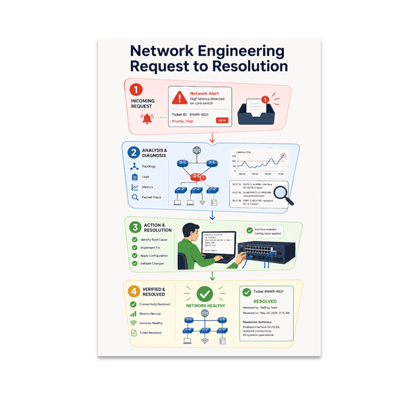 Network Request to Resolution Poster, Network Engineering Teams and IT Classrooms, 13x19 Glossy Paper