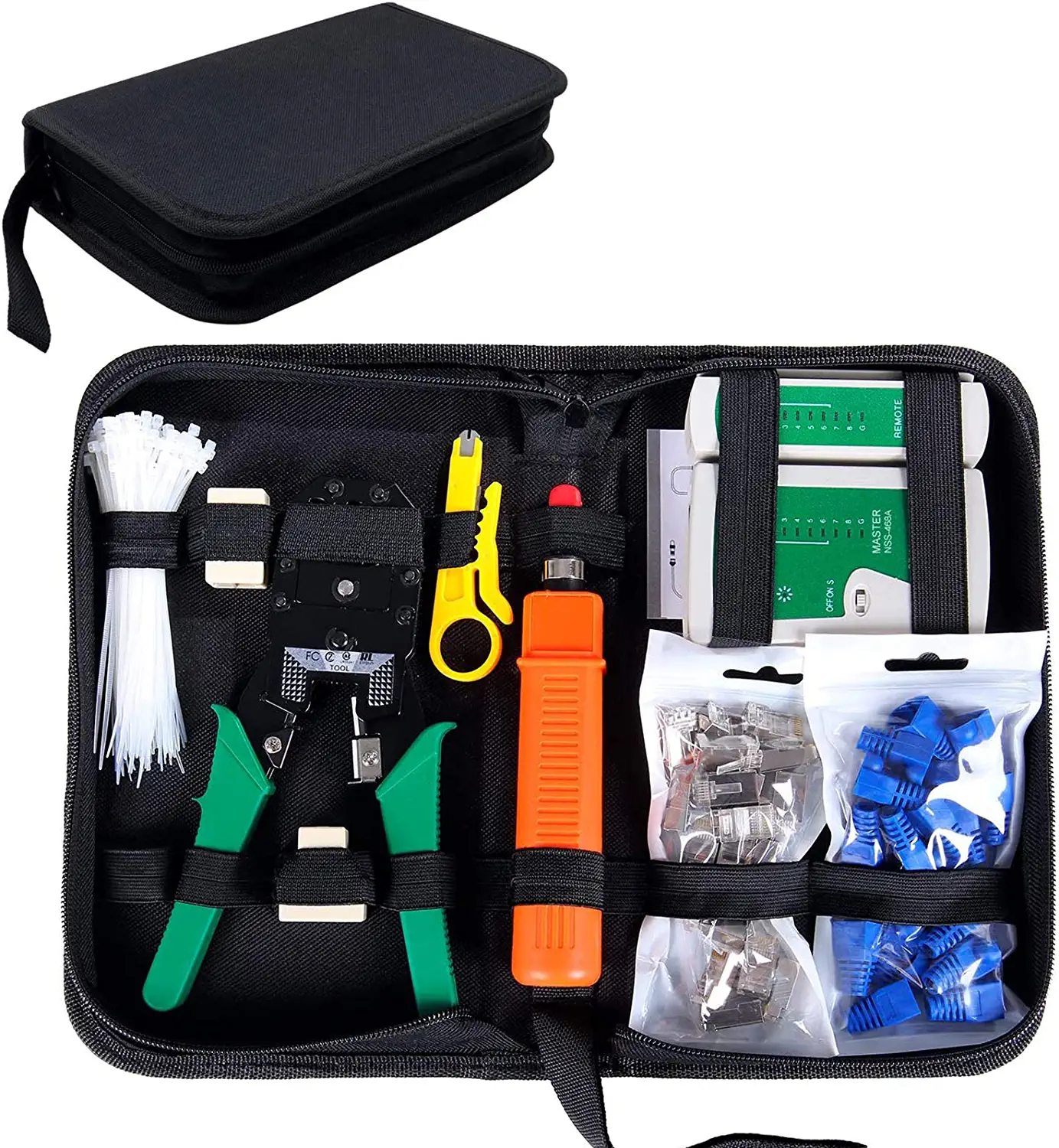Network Tool Kit for Cat5 Cat5e, 9-in-1 Portable Crimping Tool Kit, 8P8C 6P6C 4P4C Connectors, RJ11/RJ12/RJ45 Cat5 Cat5e Network/Phone Cable Tester with Punch Down Tool, Black