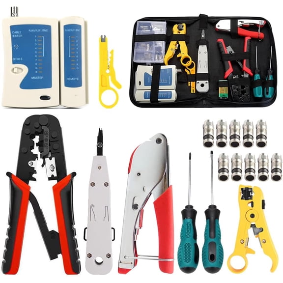 Network Tool Kit Professional Coax Crimper Tool Kit Coaxial Compression Stripping Tool Set Crimper Krone Punch Down Tool in a Zipper Case