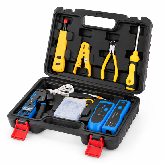 Network Tool Kit for Cat6 Cat5e Cat5 with Pass Through RJ45 Crimp Tool and Carrying Case
