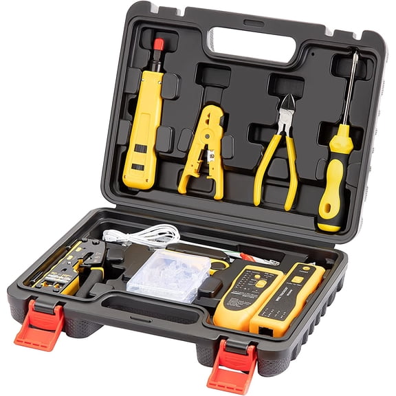 Network Tool kit, RJ45 Crimp Tool kit Pass Through Crimper Cat6 Cat5 Cat5e Crimping Tool, Wire Tracker, 110/88 Punchdown Tool, Stripper, Cutter, Cat6 Pass Through Connectors