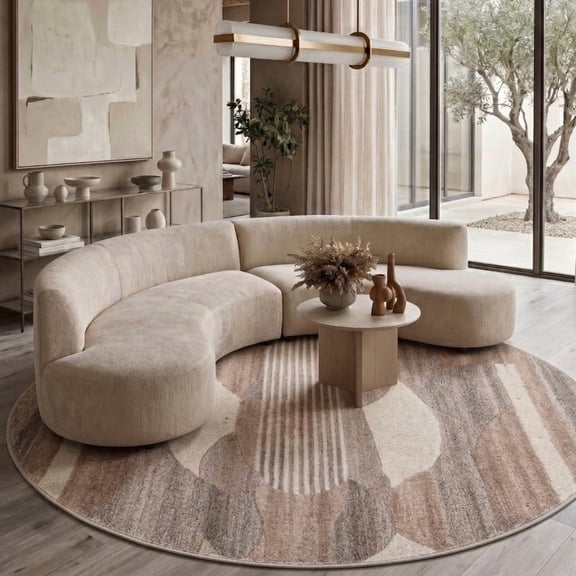 Neu Looms Hand Tufted Wool Silk Round Area Rug, Abstract Pattern, Beige, 5 Ft